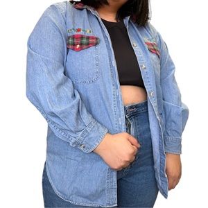 Paris sport club denim button up with plaid collar